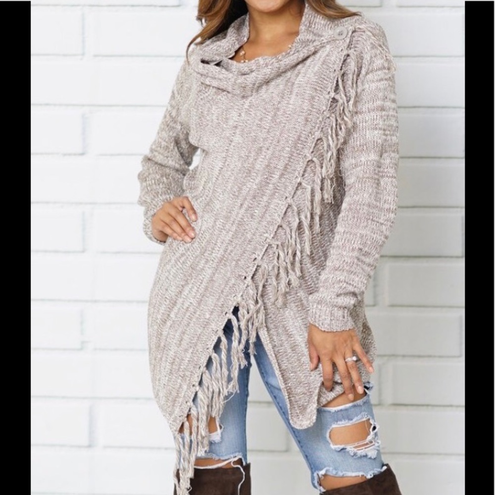 Mocha Tassel-Trim Wrap Sweater
